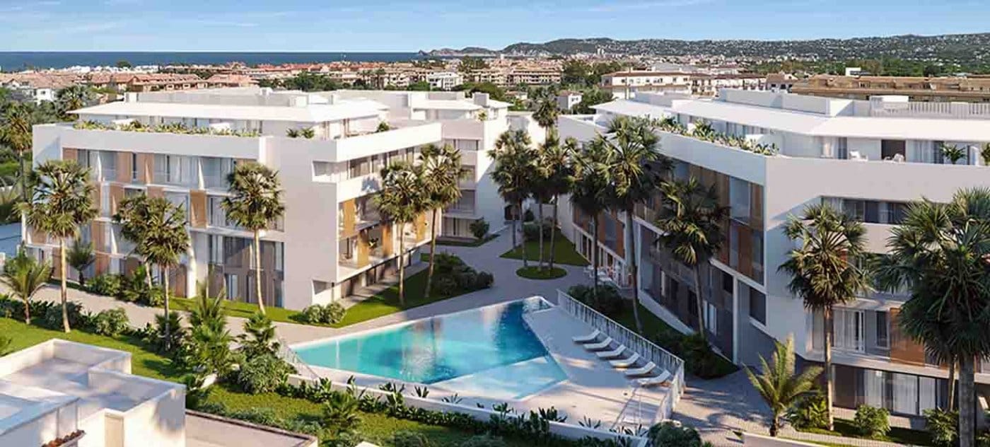 Aerial rendering of the communal pool and landscaped apartment development in Jávea, Alicante