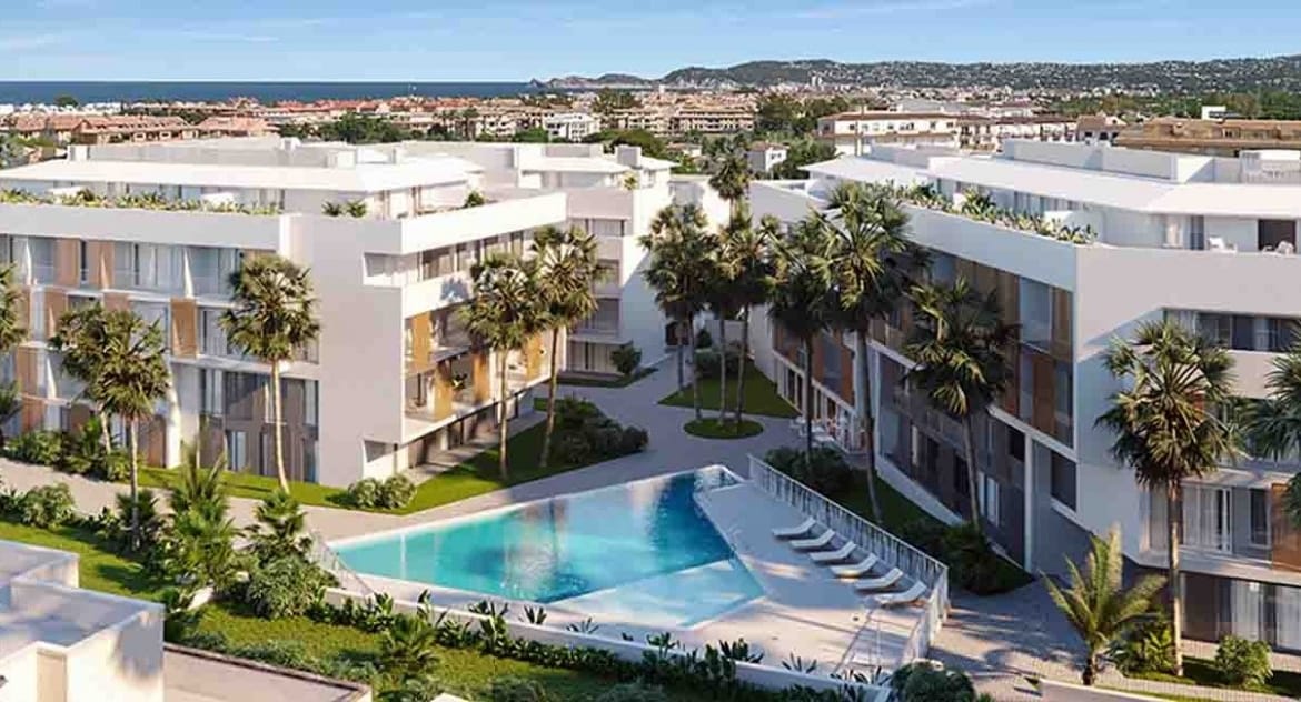 Aerial rendering of the communal pool and landscaped apartment development in Jávea, Alicante
