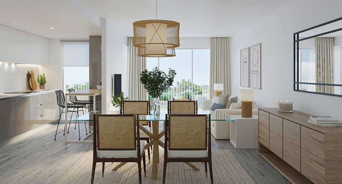 Rendering of open-plan living, dining and kitchen space with a dark-framed wall mirror in Jávea, Alicante