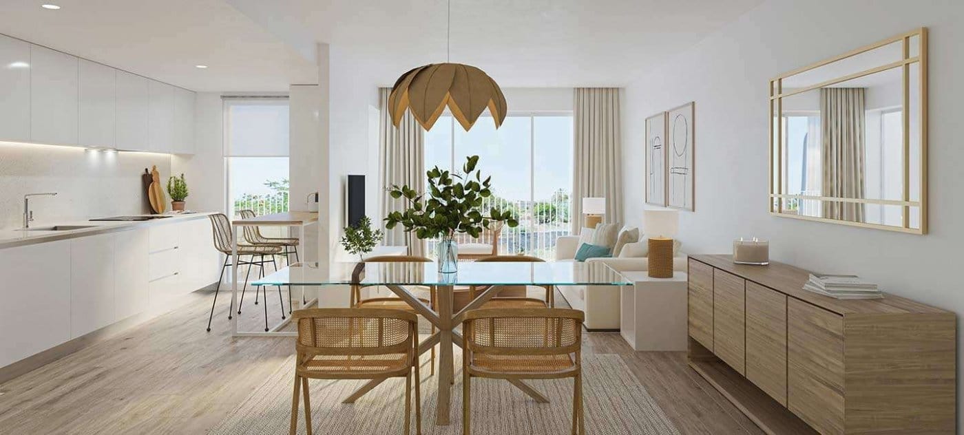 Rendering of open-plan living, dining and kitchen space with a gold-framed wall mirror in Jávea, Alicante