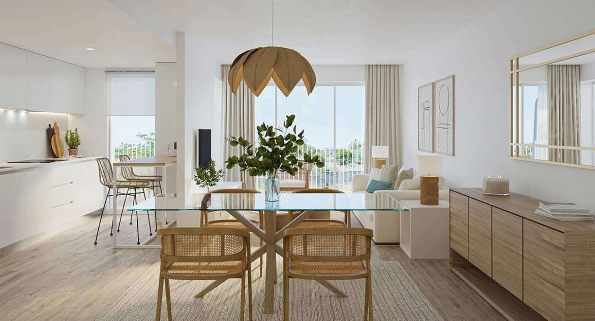 Rendering of open-plan living, dining and kitchen space with a gold-framed wall mirror in Jávea, Alicante