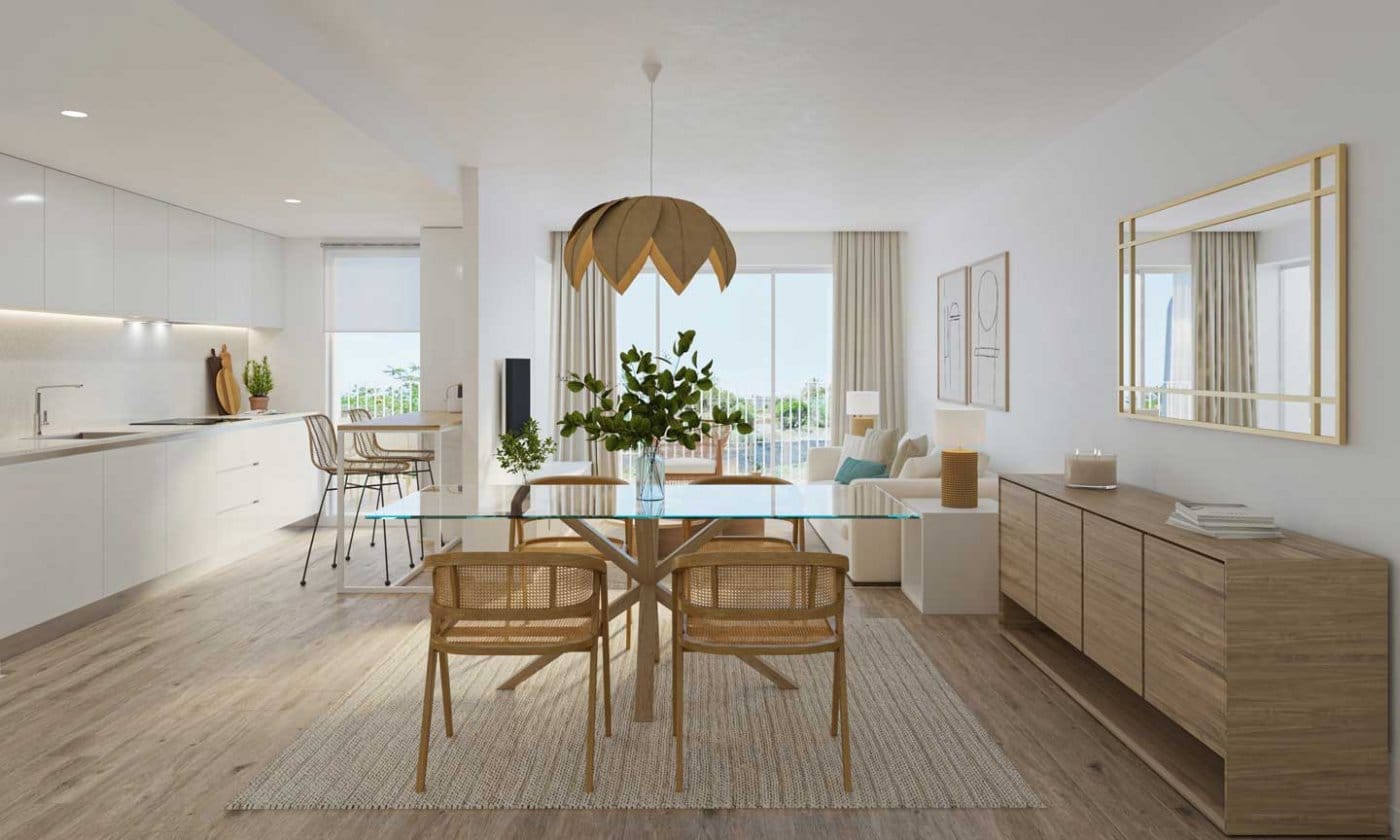 Wide rendering of an open-plan living and dining area with adjoining kitchen in Jávea, Alicante