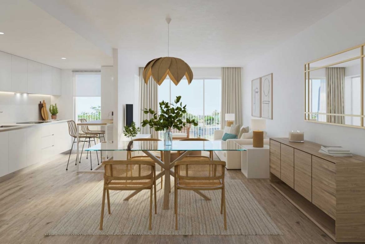 Wide rendering of an open-plan living and dining area with adjoining kitchen in Jávea, Alicante