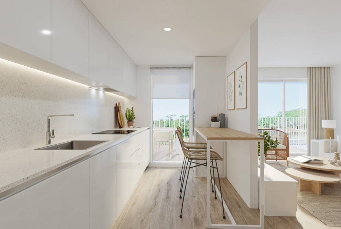 Rendering of a white kitchen and breakfast counter opening to the living area in Jávea, Alicante