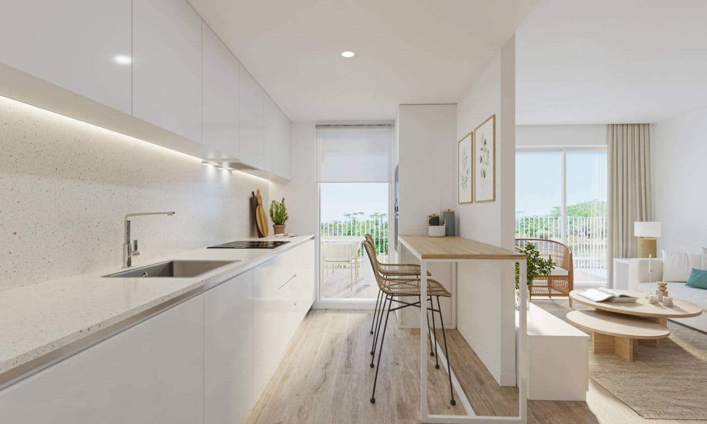 Rendering of a white kitchen and breakfast counter opening to the living area in Jávea, Alicante