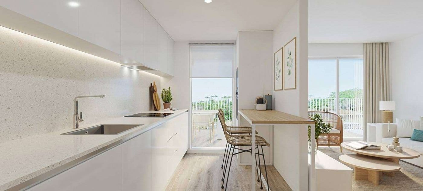 Wide rendering of a white kitchen and breakfast counter with timber seating in Jávea, Alicante