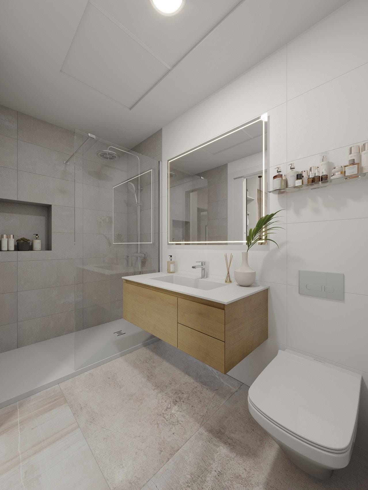 New-Build-Apartments-250-m-from-Los-Narejos-Beach-in-Los-Alcazares-10 Bathroom with a walk-in shower, glass screen, vanity unit and mirror in Los Narejos, Murcia