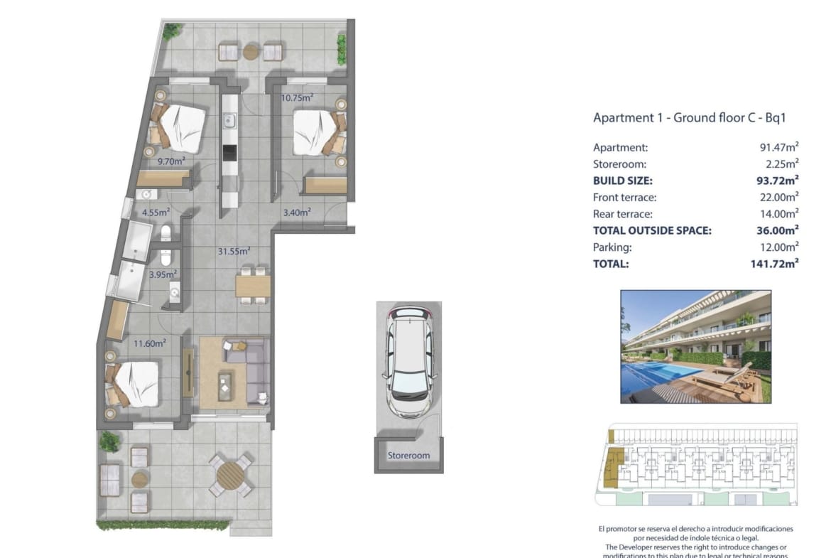 Ground-floor apartment plan showing 3 bedrooms, 2 bathrooms, front and rear terraces, parking and storage in Los Narejos, Murcia