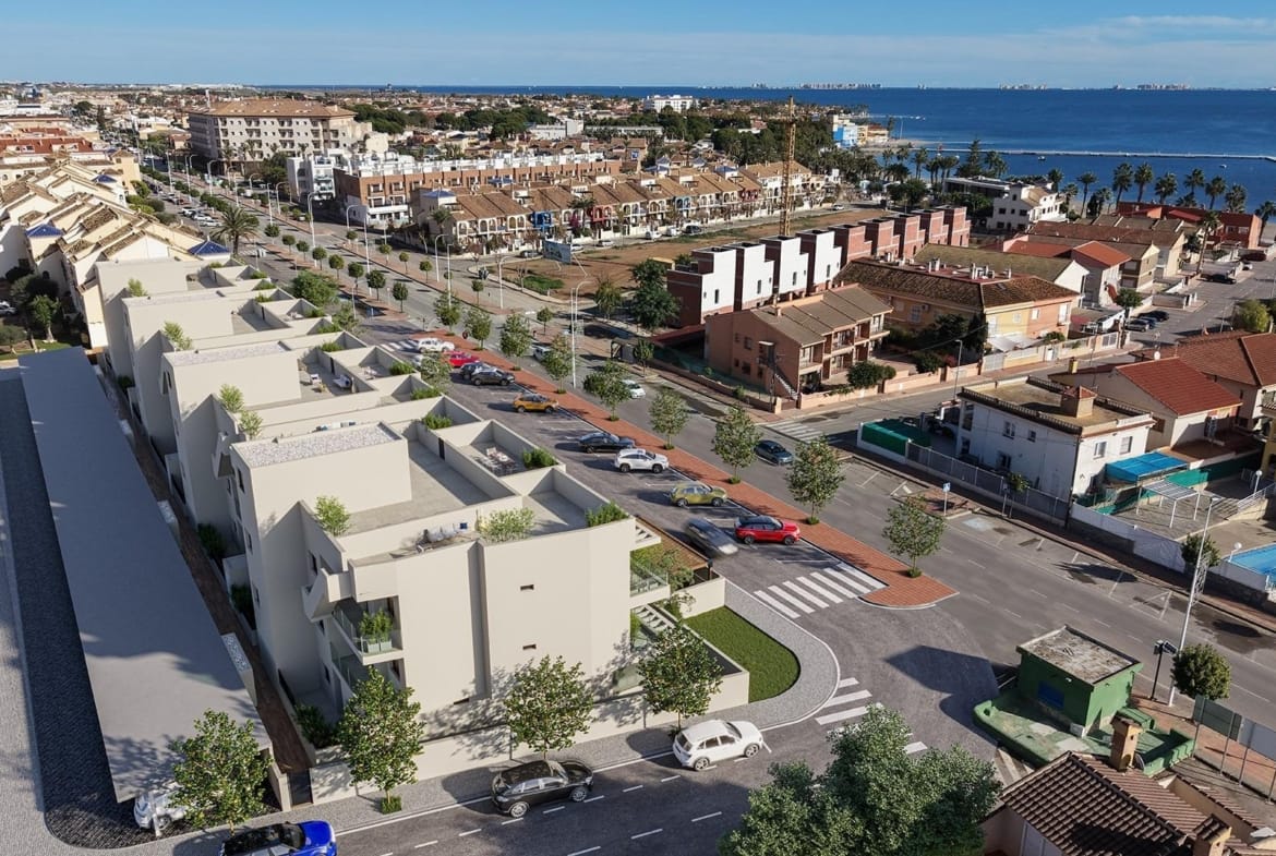 Aerial view across the rooftop solariums towards the Mar Menor in Los Narejos, Murcia