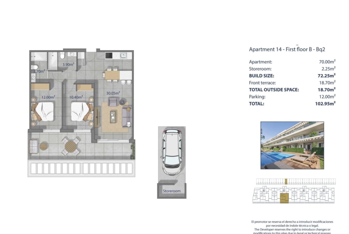 Apartment floor plan showing 2 bedrooms, 2 bathrooms, an open living area, a front terrace, parking and storage in Los Narejos, Murcia