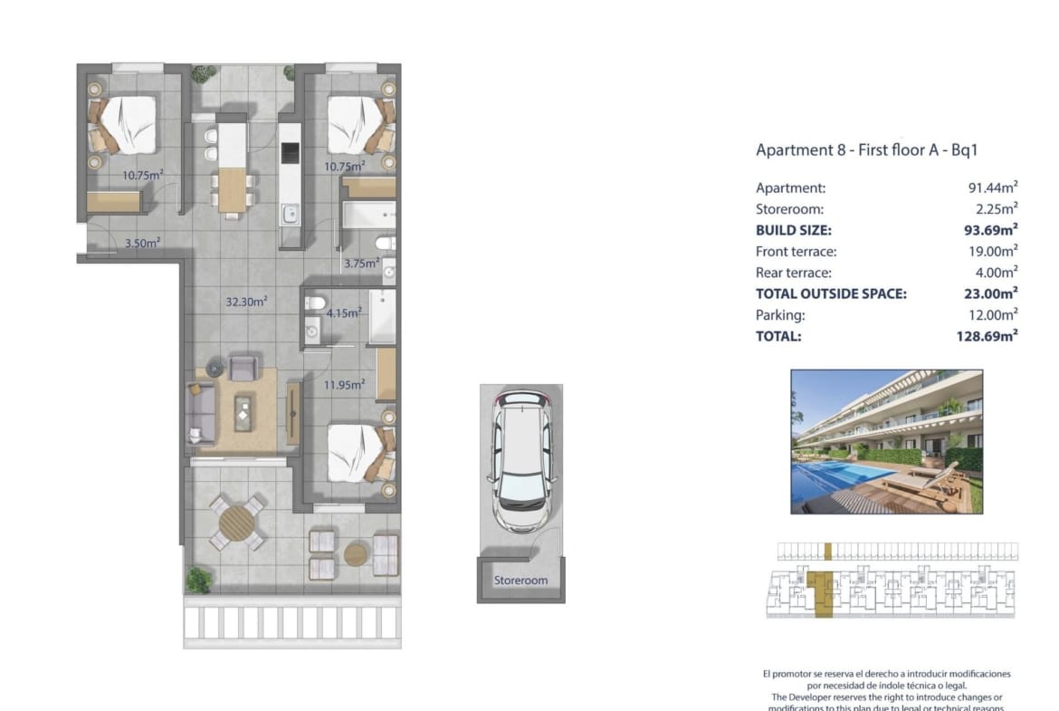 Apartment floor plan showing 3 bedrooms, 2 bathrooms, front and rear terraces, parking and storage in Los Narejos, Murcia