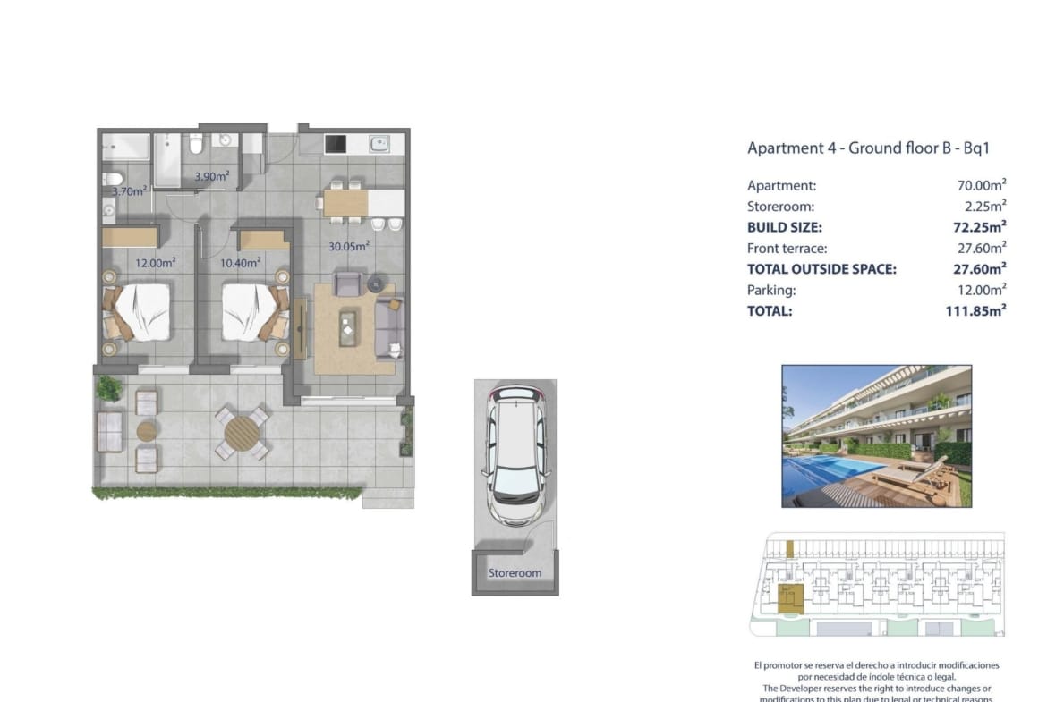 Ground-floor apartment plan showing 2 bedrooms, 2 bathrooms, an open living area, a front terrace, parking and storage in Los Narejos, Murcia
