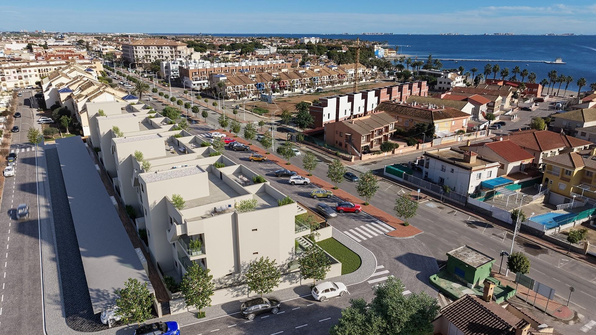 New-Build-Apartments-250-m-from-Los-Narejos-Beach-in-Los-Alcazares-11 Aerial view across the rooftop solariums towards the Mar Menor in Los Narejos, Murcia