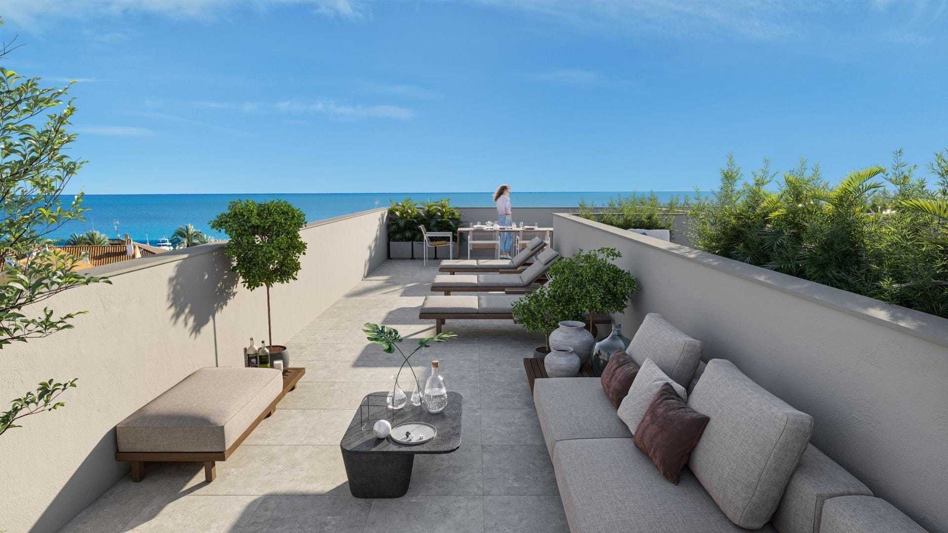 New-Build-Apartments-250-m-from-Los-Narejos-Beach-in-Los-Alcazares-12 Rooftop solarium with a sofa, sun loungers, dining furniture and sea views in Los Narejos, Murcia