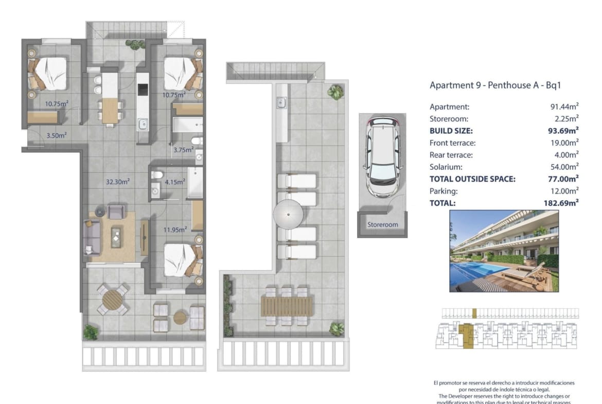 Penthouse floor plan showing 3 bedrooms, 2 bathrooms, front and rear terraces, a private solarium, parking and storage in Los Narejos, Murcia