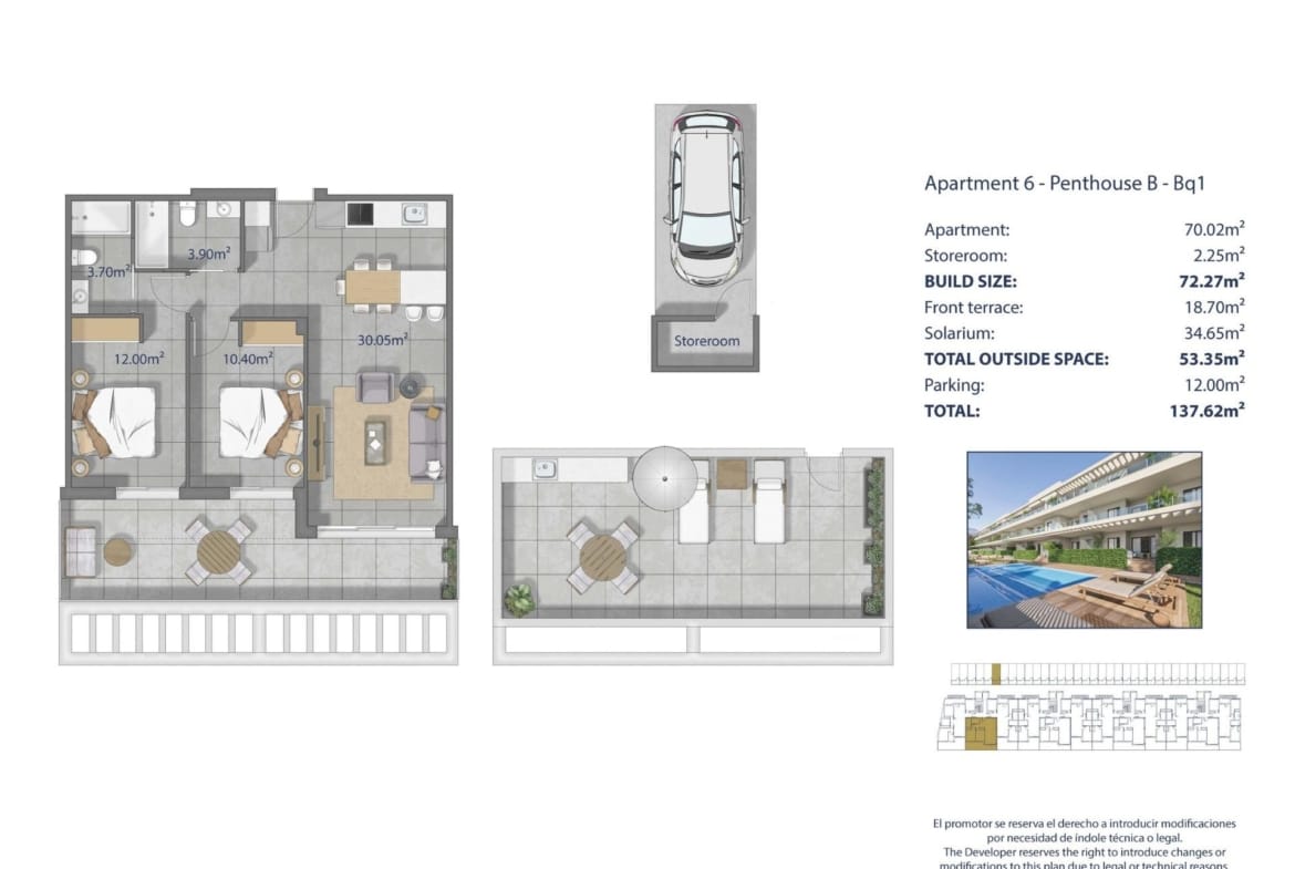 Penthouse floor plan showing 2 bedrooms, 2 bathrooms, a front terrace, a private solarium, parking and storage in Los Narejos, Murcia