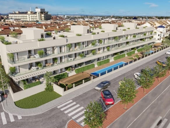 Corner aerial view of the apartment buildings, terraces, communal pools and surrounding streets in Los Narejos, Murcia