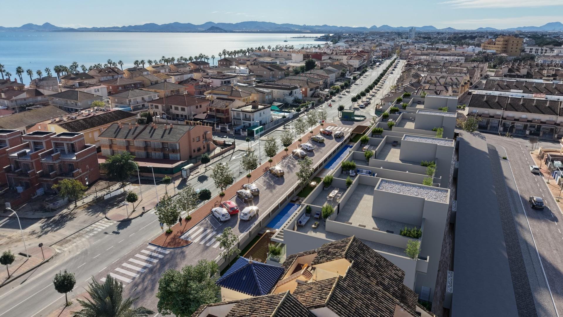 New-Build-Apartments-250-m-from-Los-Narejos-Beach-in-Los-Alcazares-2 Aerial view of the apartment buildings beside the surrounding streets and the Mar Menor in Los Narejos, Murcia