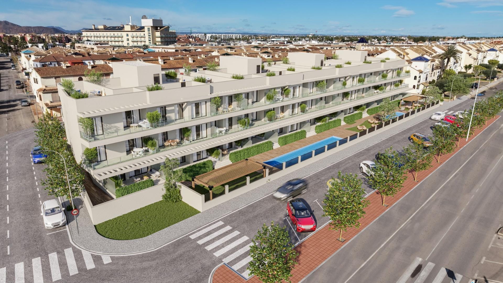 New-Build-Apartments-250-m-from-Los-Narejos-Beach-in-Los-Alcazares-3 Corner aerial view of the apartment buildings, terraces, communal pools and surrounding streets in Los Narejos, Murcia