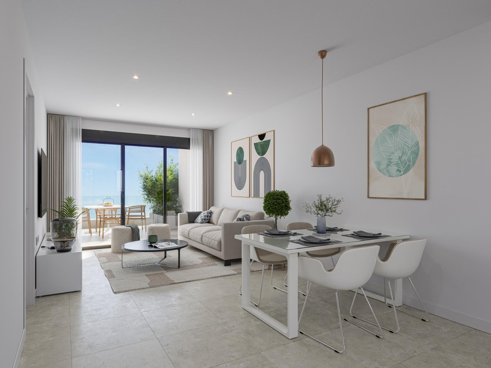 New-Build-Apartments-250-m-from-Los-Narejos-Beach-in-Los-Alcazares-5 Bright living and dining room opening onto a terrace in Los Narejos, Murcia