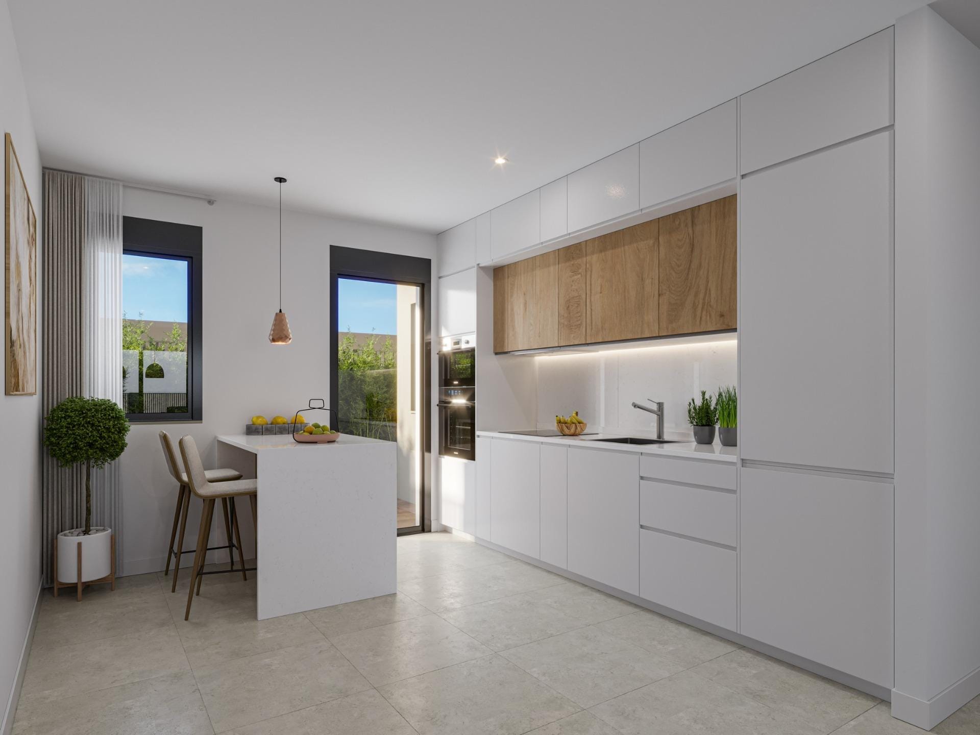 New-Build-Apartments-250-m-from-Los-Narejos-Beach-in-Los-Alcazares-6 Contemporary white kitchen with wood-effect cabinets and a dining table in Los Narejos, Murcia