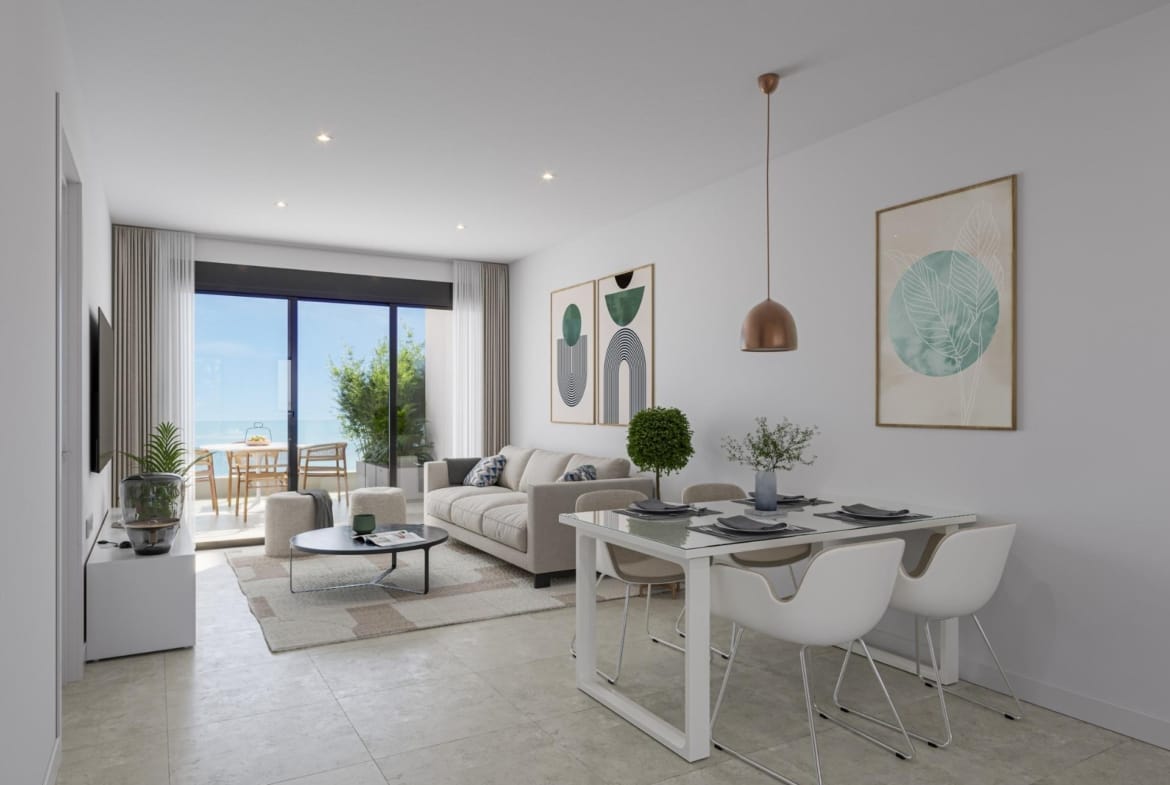 Bright living and dining room opening onto a terrace in Los Narejos, Murcia
