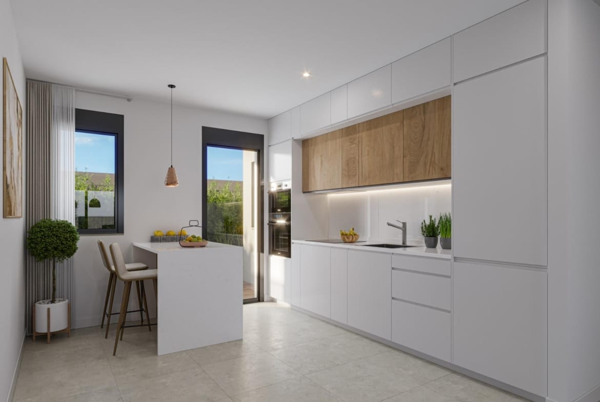 Contemporary white kitchen with wood-effect cabinets and a dining table in Los Narejos, Murcia
