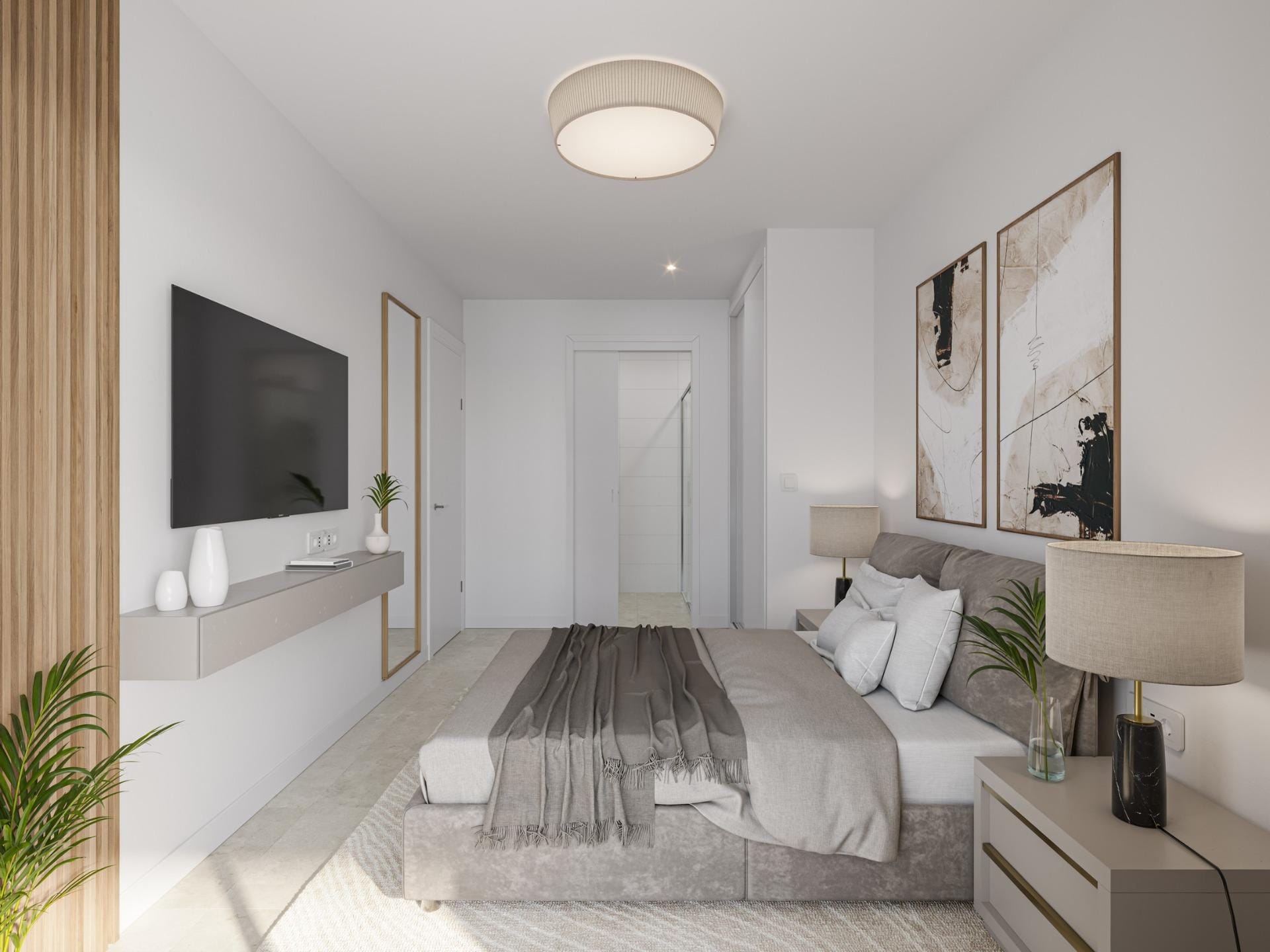 New-Build-Apartments-250-m-from-Los-Narejos-Beach-in-Los-Alcazares-9 Bedroom with an upholstered bed, built-in wardrobe and wall-mounted television in Los Narejos, Murcia