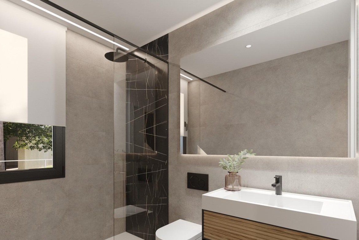 Bathroom with walk-in shower, backlit mirror and wood-front vanity