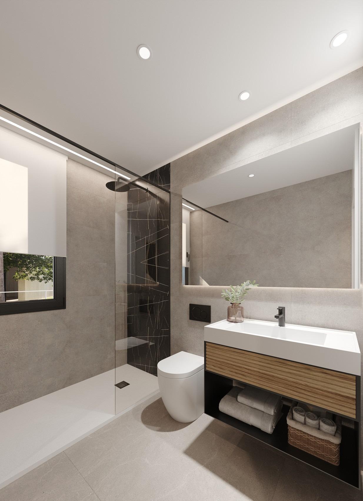 Bathroom with walk-in shower, backlit mirror and wood-front vanity