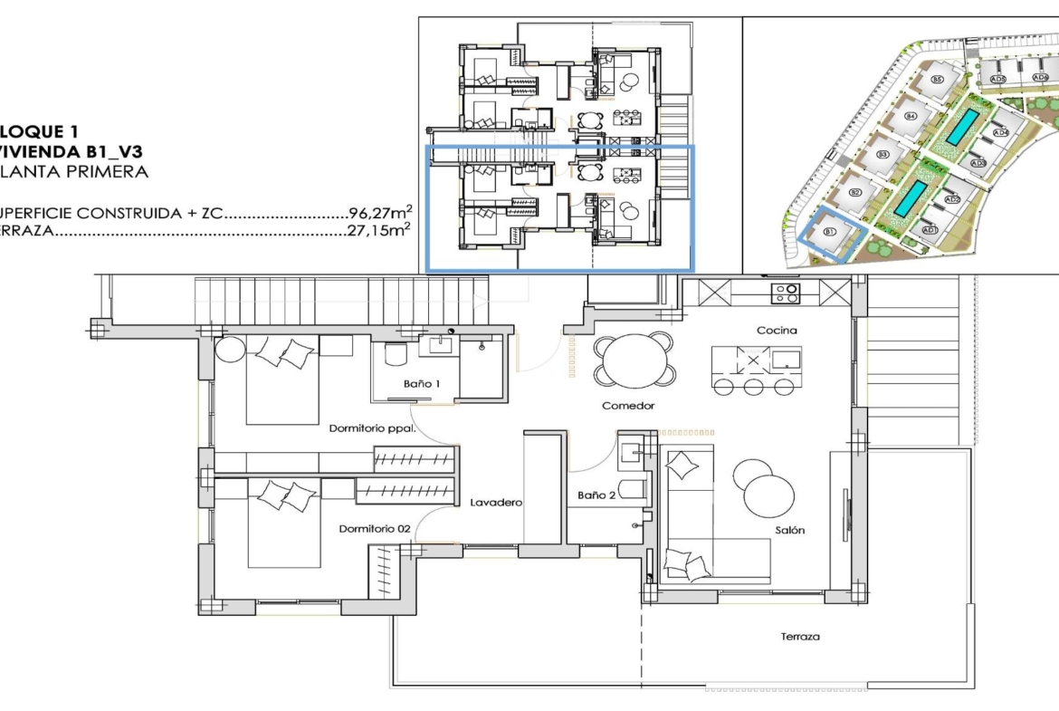 First floor architectural plan showing two-bedroom apartment layout, rooms and terrace labelled