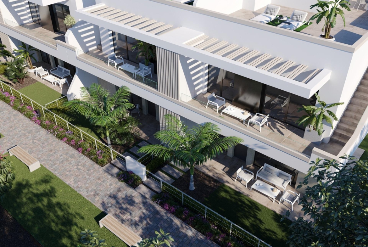 Aerial render of terraced apartments showing balconies, pergolas and landscaped walkways