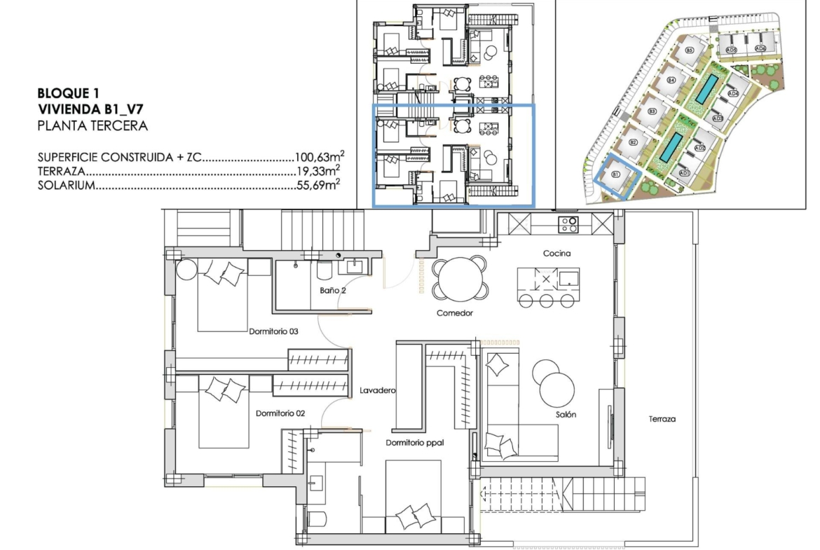Technical third-floor plan showing three-bedroom apartment layout with terrace and room labels