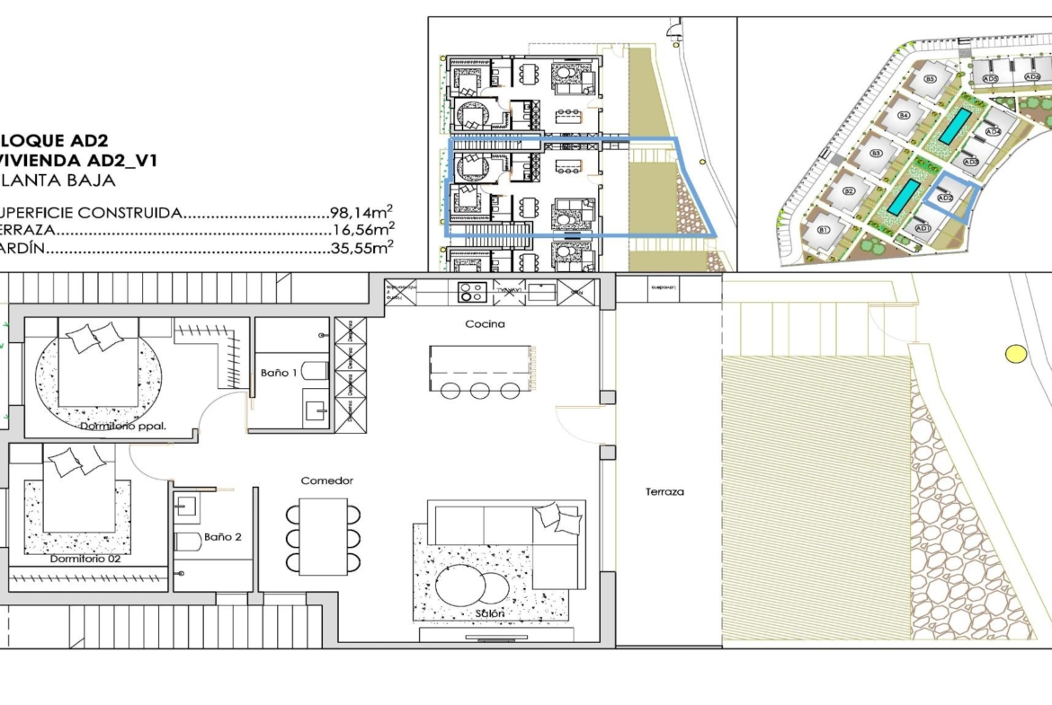 Architectural ground floor plan showing two bedrooms, two bathrooms, kitchen, terrace and garden