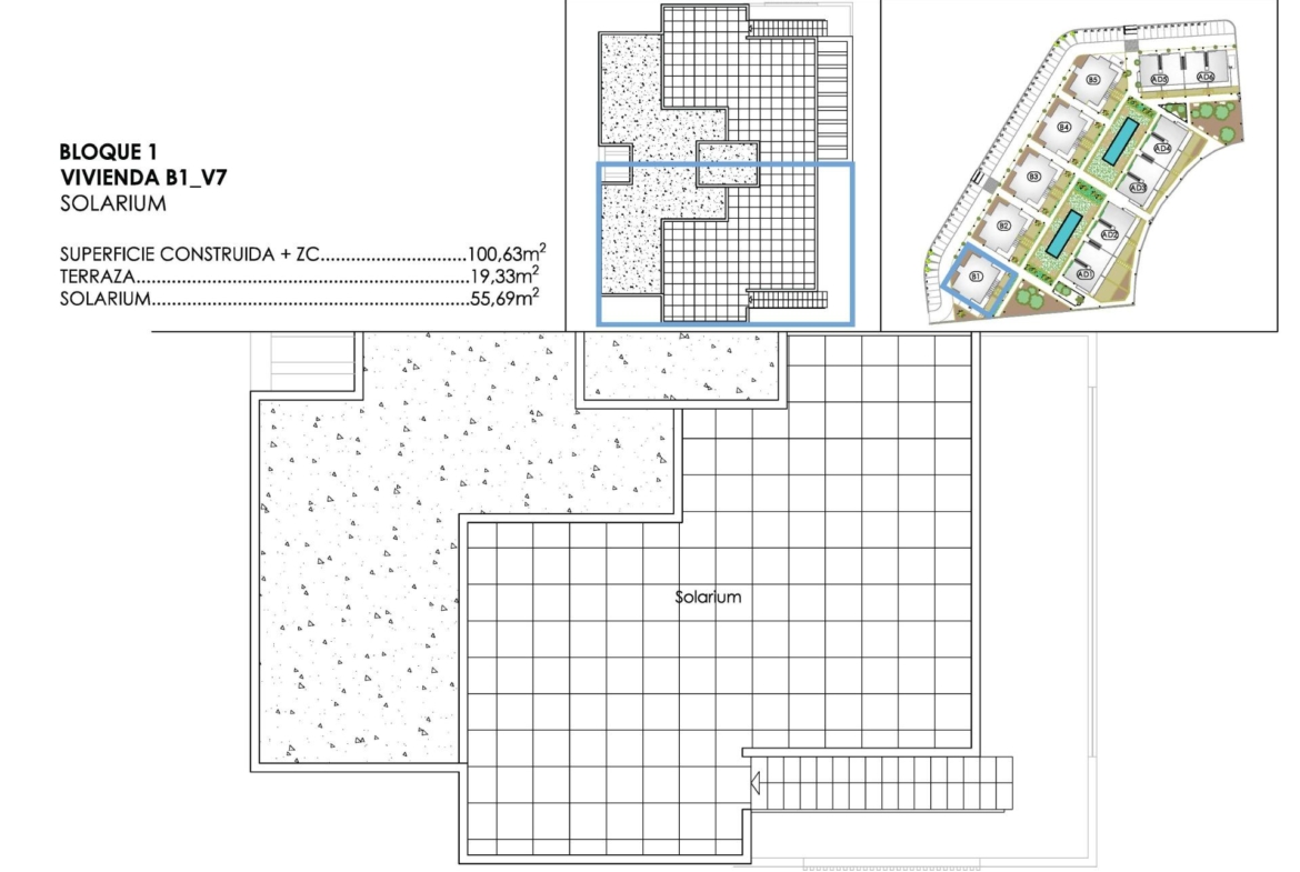 Solarium plan showing rooftop terrace layout and stairs labelled Solarium with grid pattern