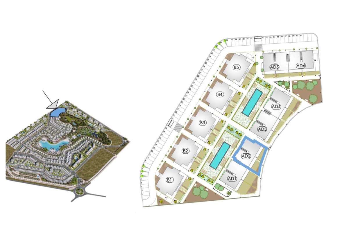 Site plan showing residential blocks B1–B5, AD units, communal pools and numbered parking bays