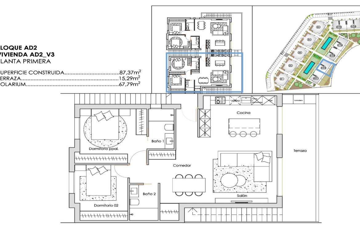 Technical first-floor plan showing two-bedroom apartment layout, kitchen, living room and terrace