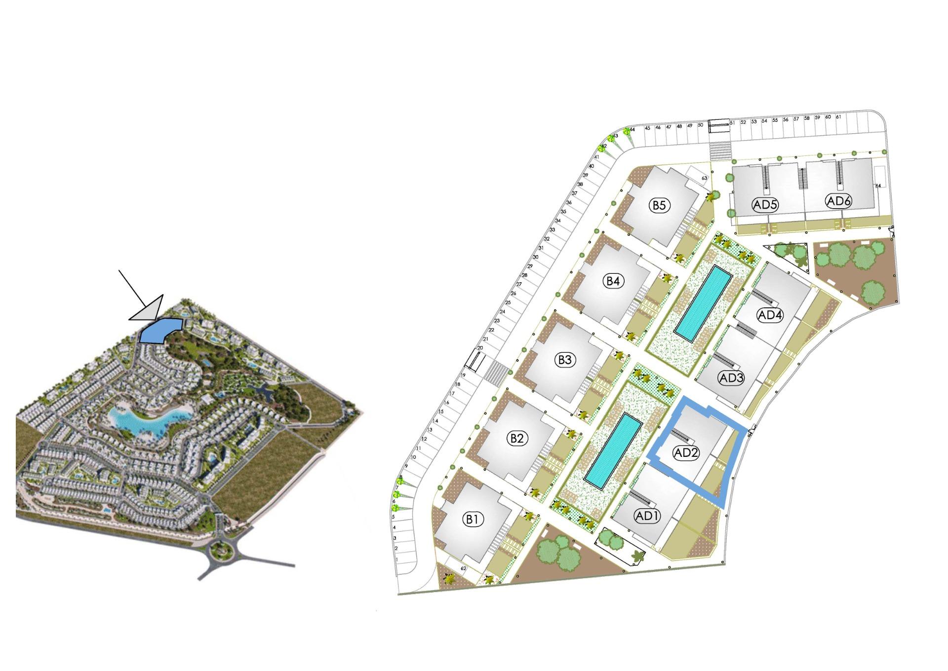 Site plan showing labeled blocks (B1–B5, AD1–AD6), pools and parking layout