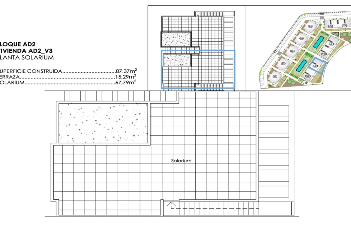 Technical rooftop solarium plan for unit AD2_V3 with tiled terrace and stair access