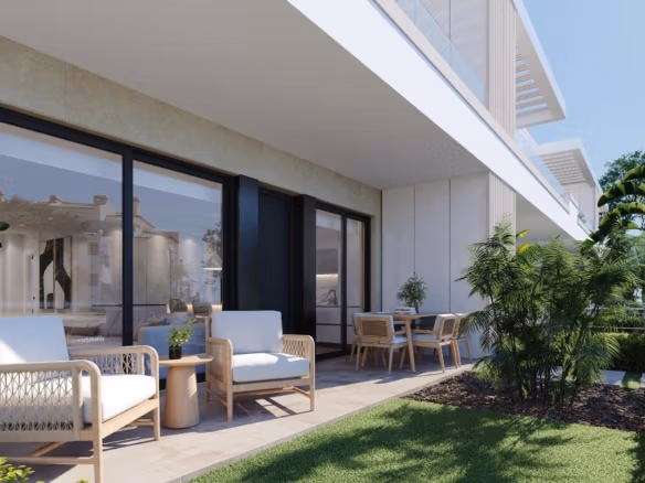Ground-floor terrace with cushioned wicker seats, dining table and sliding glass doors to interior