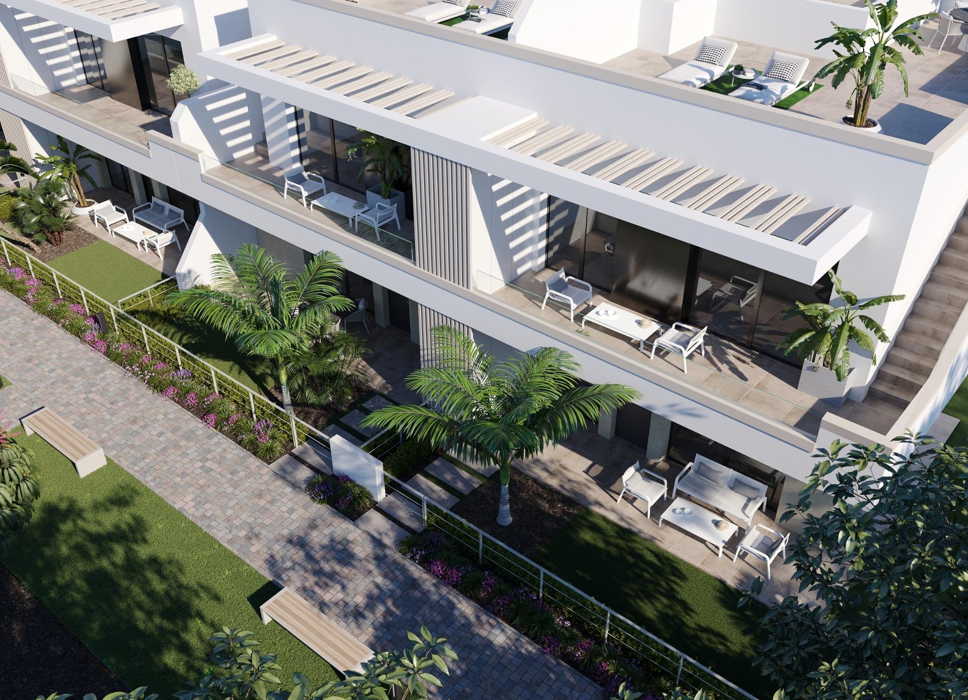 Aerial perspective of staggered balconies and rooftop terraces with pergolas and seating areas