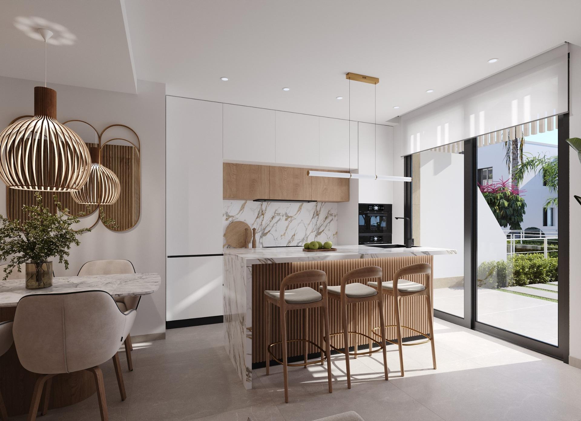 New-Build-Apartments-and-Bungalows-in-Santa-Rosalia-Lake-and-Life-Resort-6 Kitchen and dining area with marble island, three stools and sliding doors