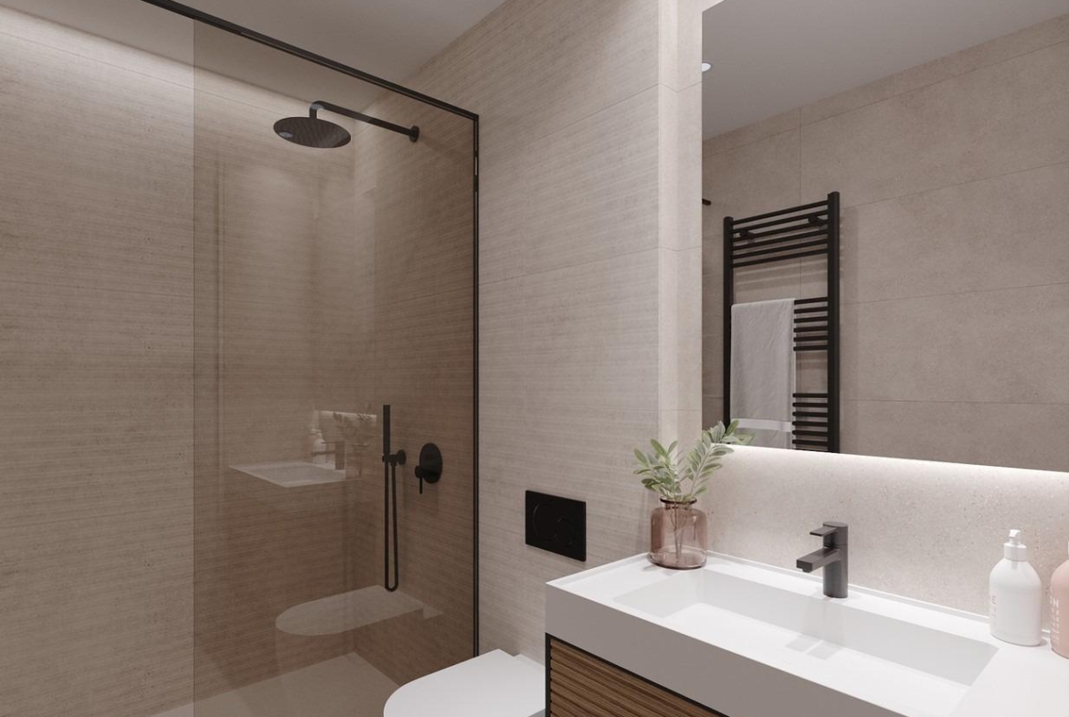 Contemporary bathroom with glass walk-in shower, wall-mounted rain shower head and vanity