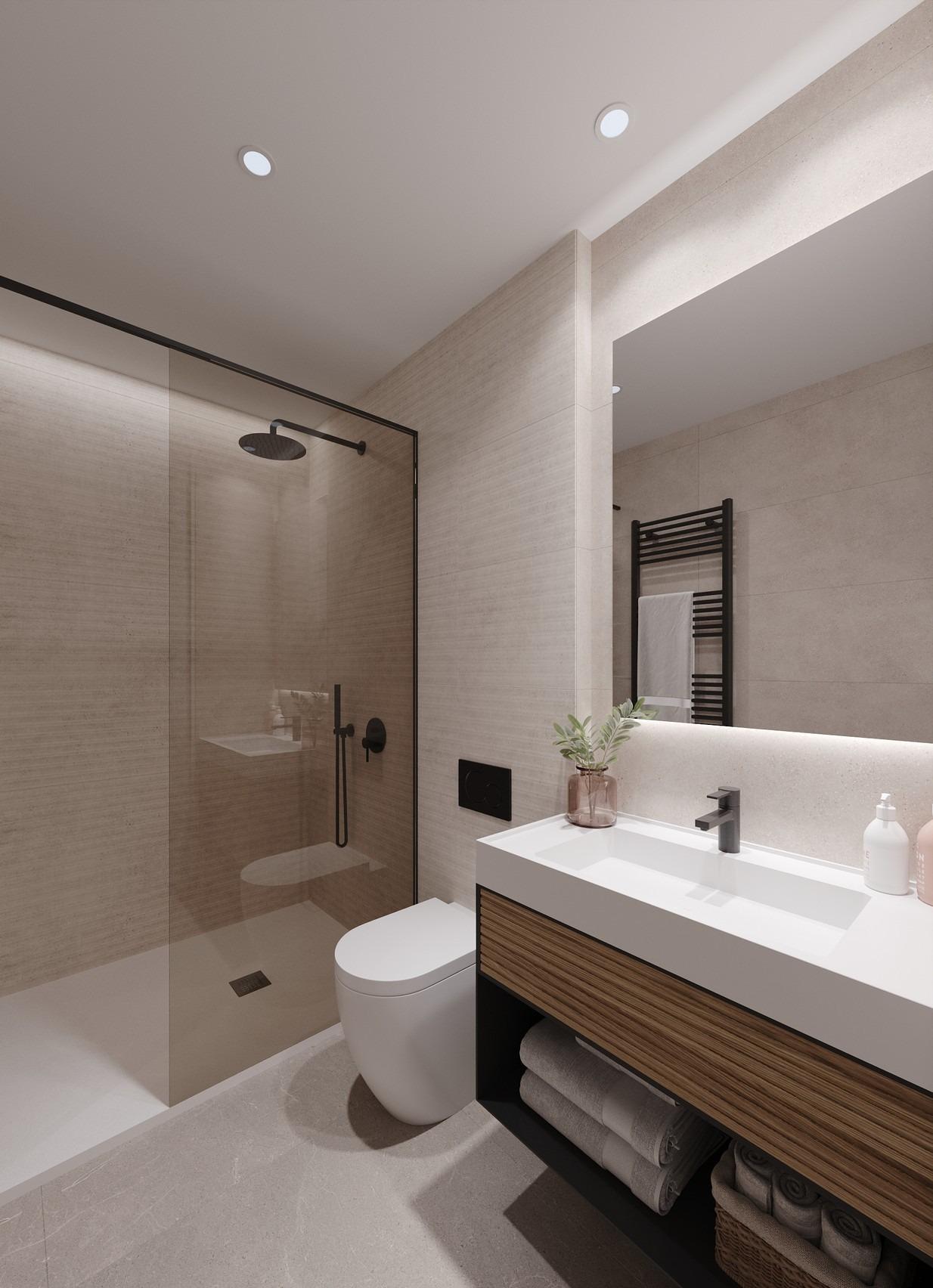 Contemporary bathroom with glass walk-in shower, wall-mounted rain shower head and vanity