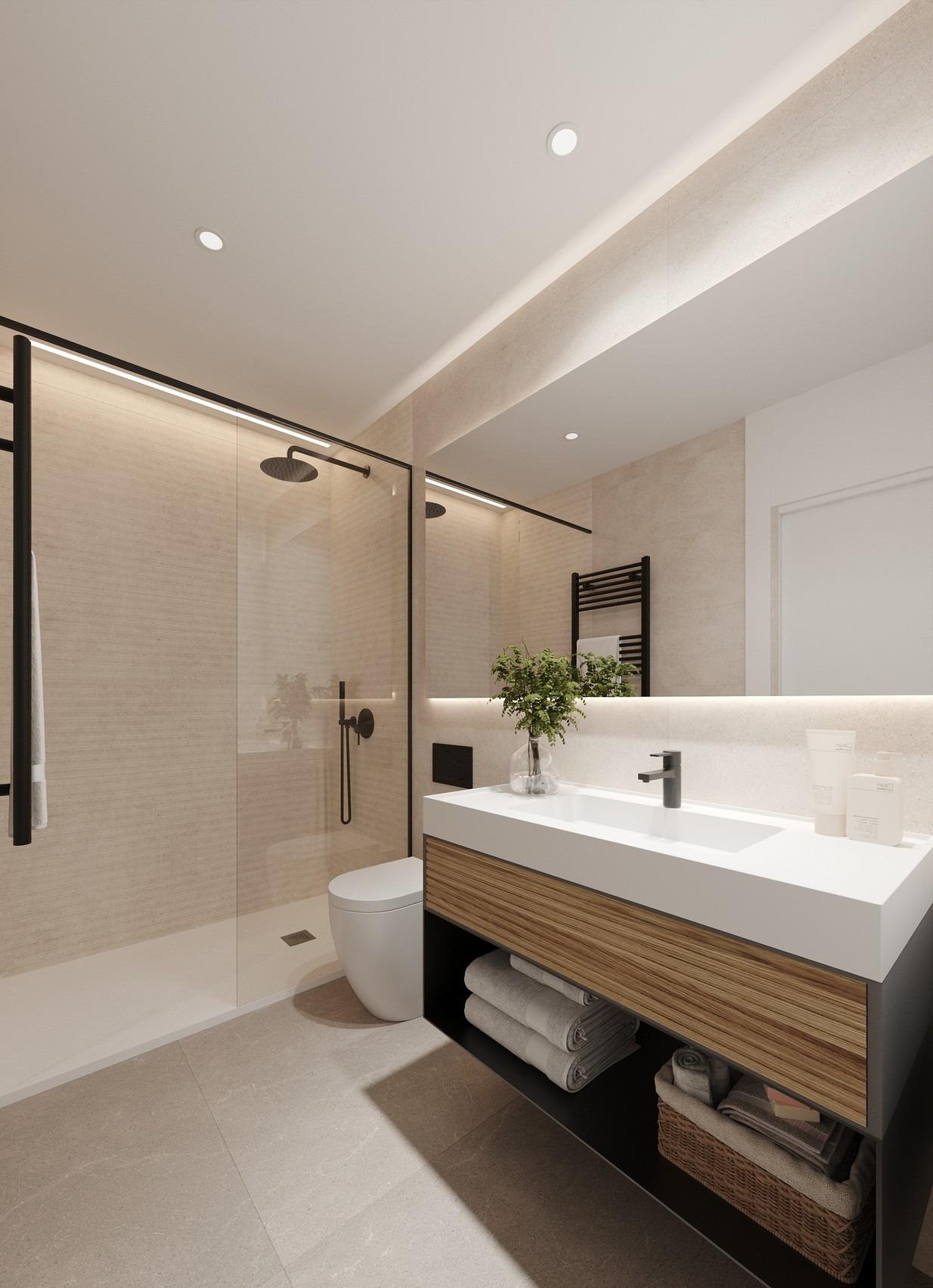 Bathroom with glass walk-in shower, wall-mounted rain showerhead and wood-accent vanity