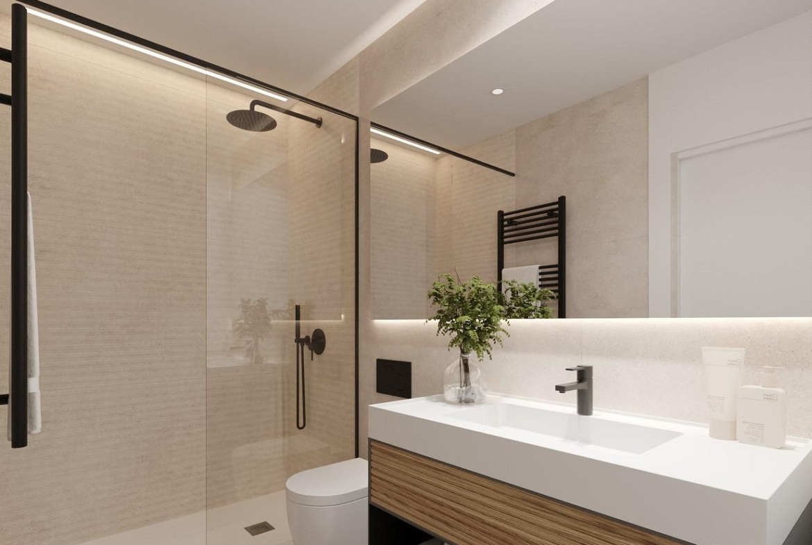Modern bathroom render showing walk-in glass shower, wall-mounted rain shower and wooden vanity