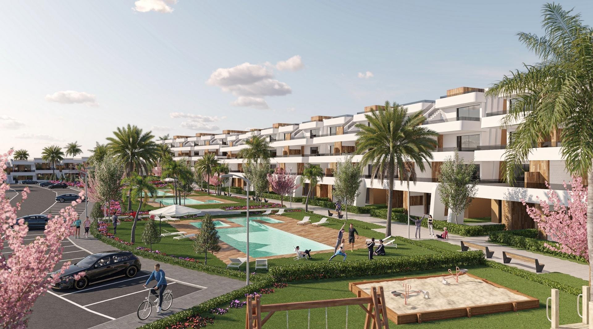 New-Build-Apartments-at-Condado-de-Alhama-Golf-Resort-Murcia-1 Rendered apartment complex with pools and gardens at Condado de Alhama