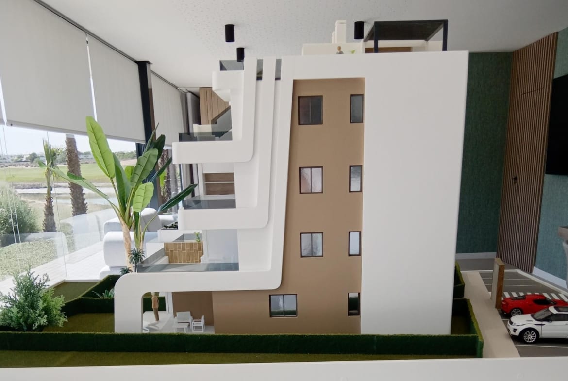 Side view of the building scale model with rooftop access stairs