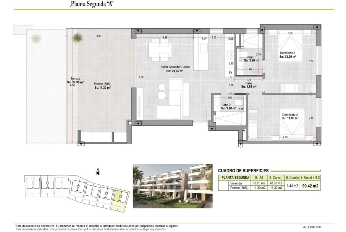 Second-floor two-bedroom apartment plan with a large terrace