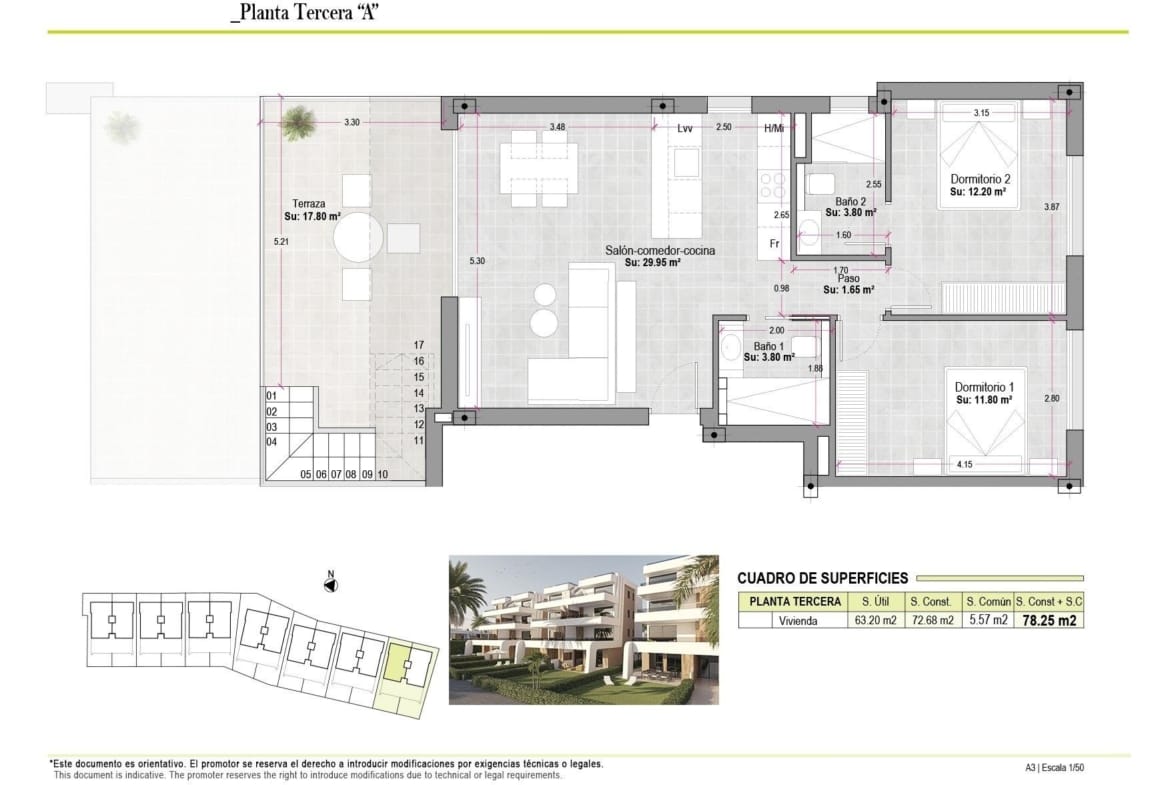 Third-floor two-bedroom penthouse floor plan with terrace